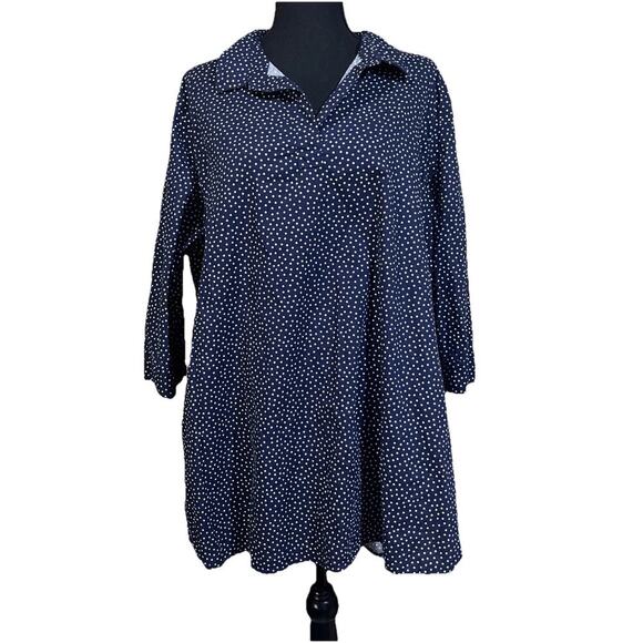 Woman Within Polka Dot V Neck Popover Navy Blue Blouse 3/4 Sleeve Size 1X 22 - Picture 1 of 14